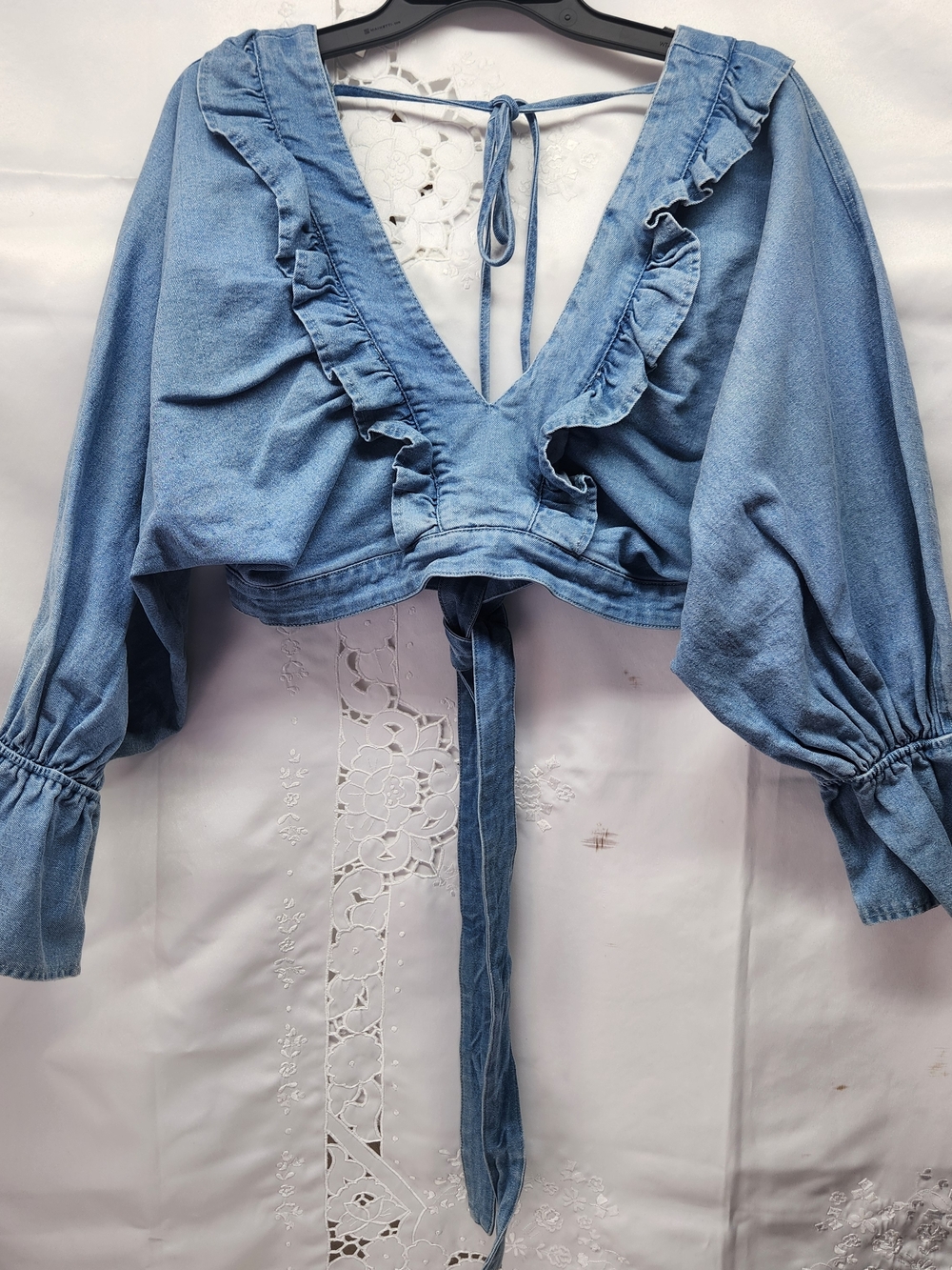 SHEIN Light Blue Denim Ruffle Tie-Back Crop Top - Women - Picture 2 of 5